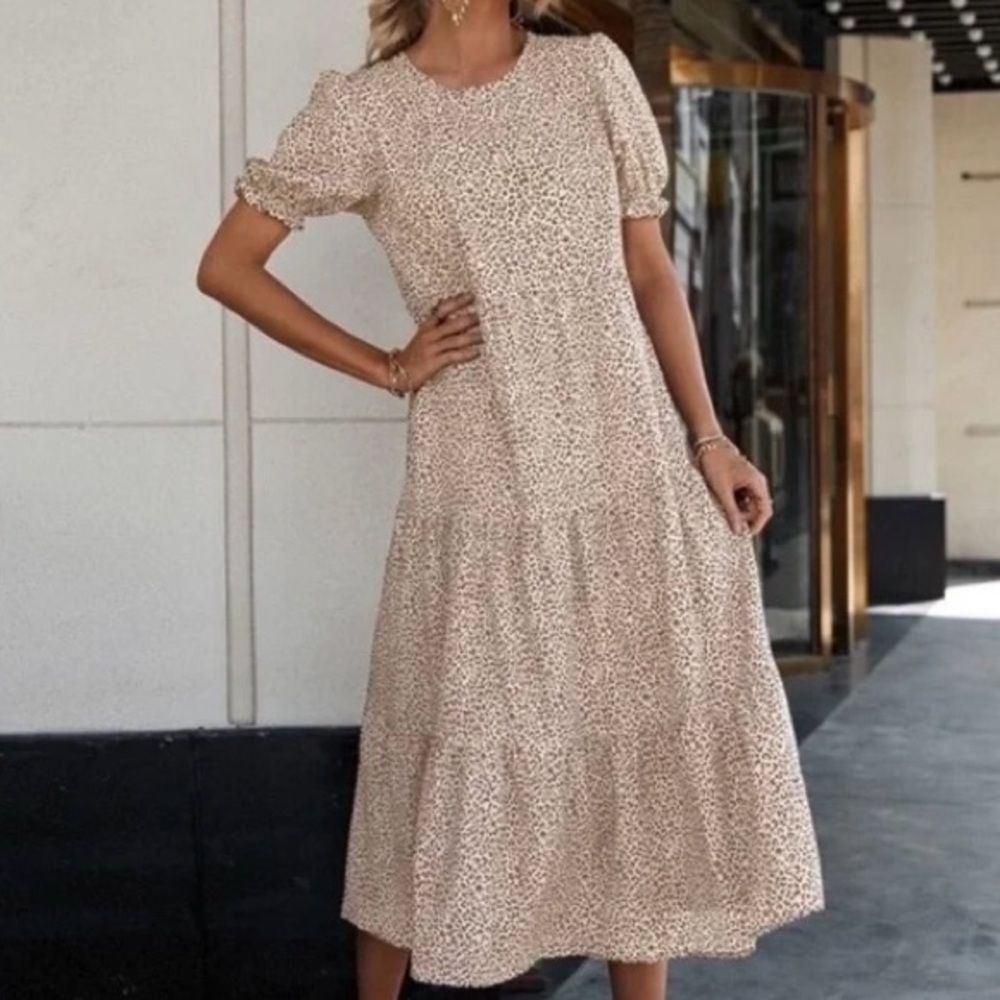PrettyGarden Womens Tiered Flowy Midi Dress Brown Cream Leopard Print Boho XL
